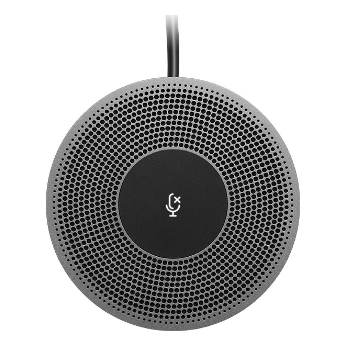 Schwarzer kreisförmiger Lautsprecher oder Mikrofon mit Maschendrahtoberfl äche und einem stummgeschalteten Mikrofonsymbol in der Mitte, von oben betrachtet.