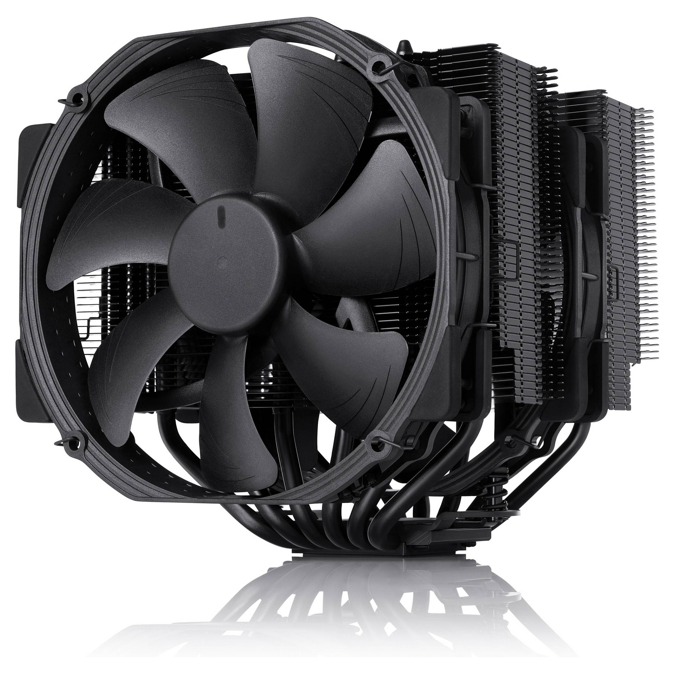 Ein großer schwarzer Computerprozessor-Kühler mit mehreren Lamellen und einem großen Lüfter für effiziente Wärmeableitung.