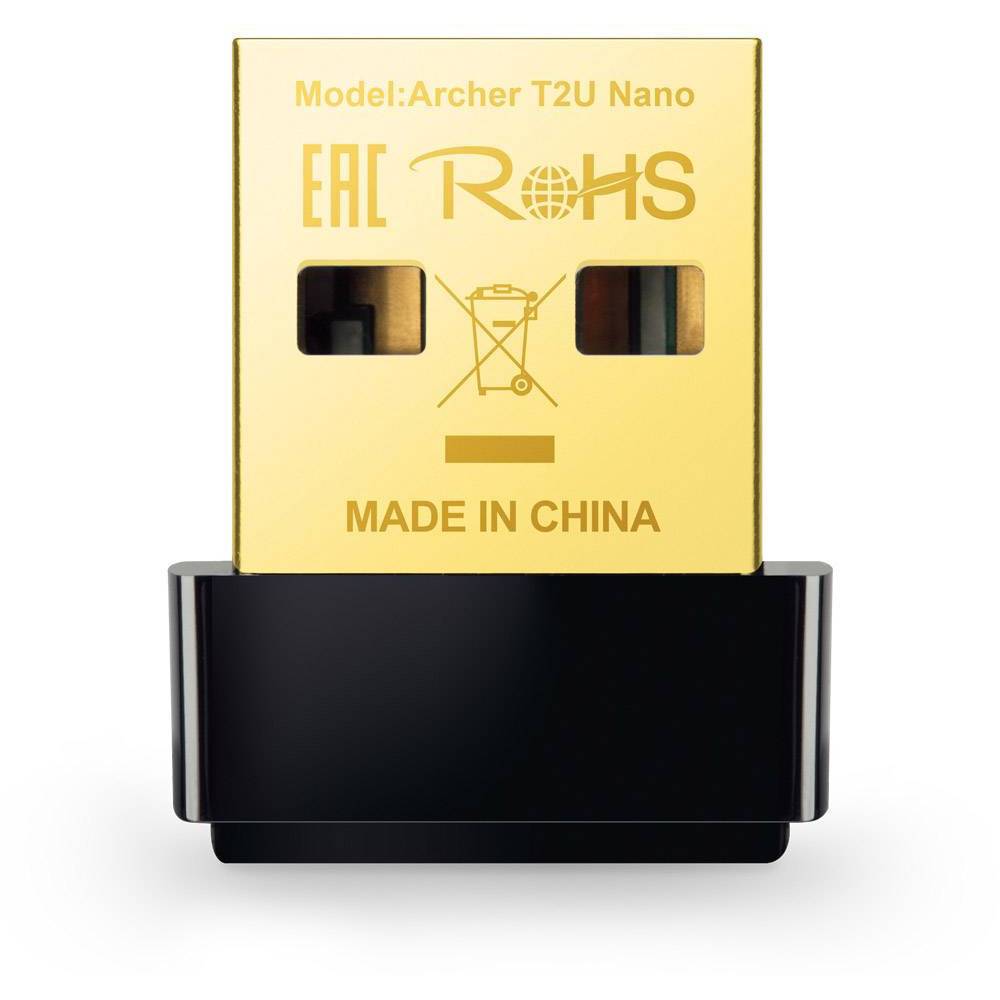 Ein kompaktes USB-Gerät mit der Bezeichnung 'Modell: Archer T2U Nano', gekennzeichnet mit 'EAC', 'RoHS' und 'Made in China'.