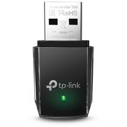 TP-Link Archer T3U USB-Adapter mit einer grünen LED-Anzeige auf der Vorderseite, verwendet für drahtlose Konnektivität.