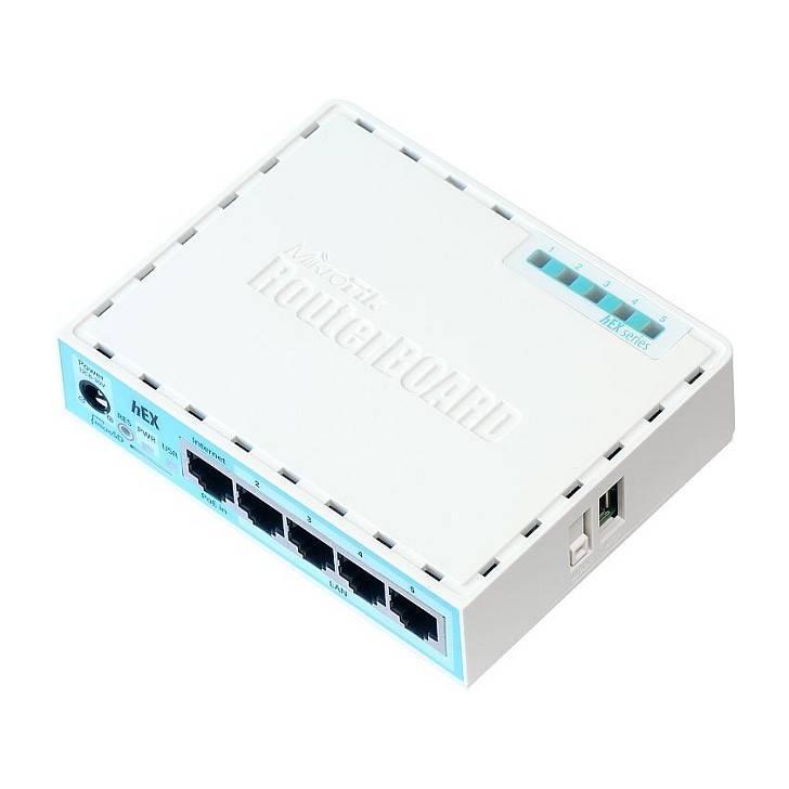 Ein kompakter Router mit fünf Ethernet-Anschlüssen, einer Stromversorgungsbuchse und LED-Anzeigen auf der Frontplatte für den Netzwerkkonnektivitätsstatus.