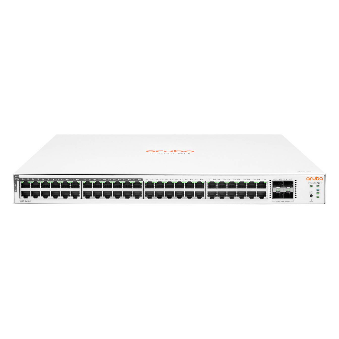 Aruba-Netzwerk-Switch mit mehreren Ethernet-Anschlüssen auf der Frontplatte, entwickelt für Datenkonnektivität und Netzwerkverwaltung.