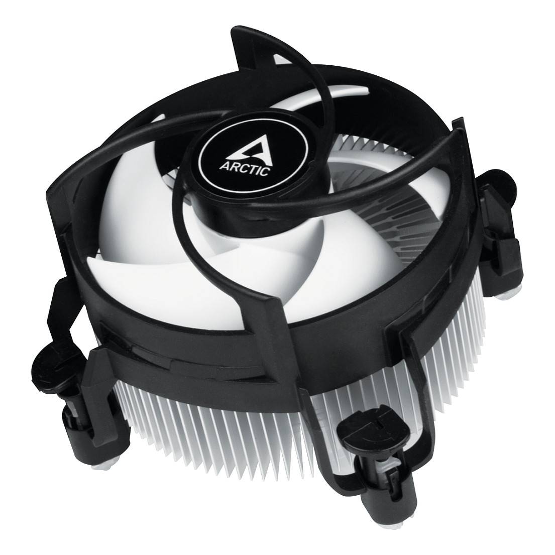 Schwarzweißer CPU-Kühlungslüfter mit Arctic-Logo, ausgestattet mit einem Kühlkörper mit Rippen und vier Befestigungsclips für Desktop-Computer.
