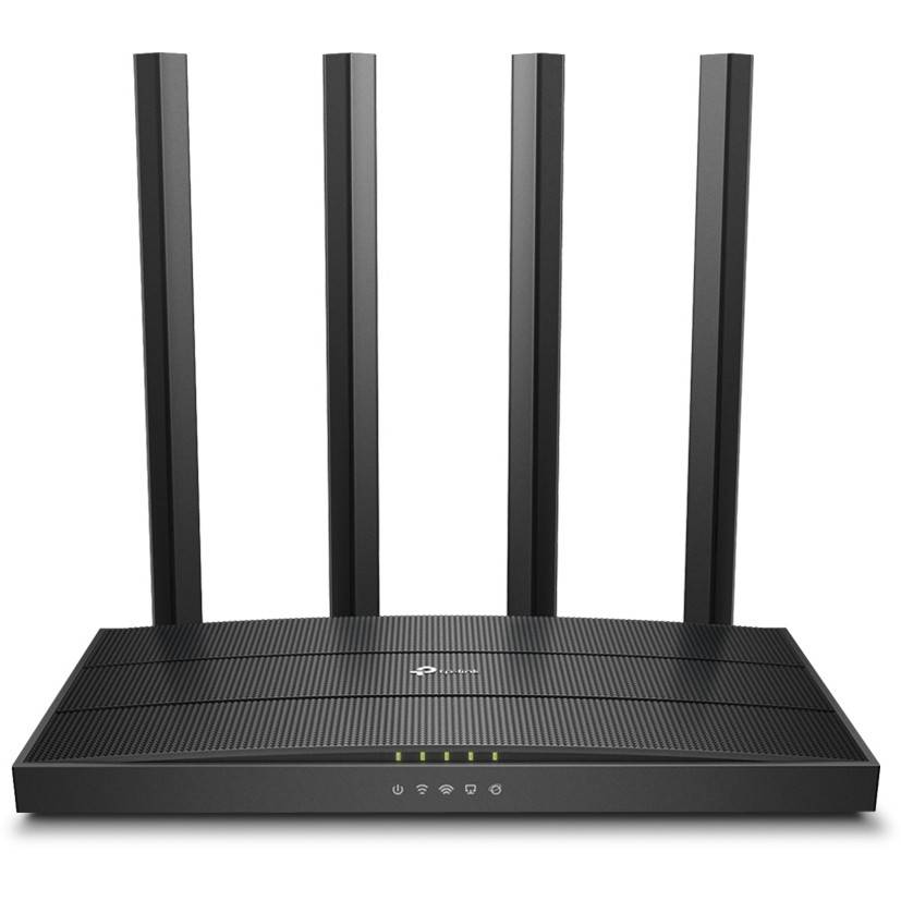 Ein schwarzer rechteckiger Wi-Fi-Router mit vier vertikalen Antennen, auf der Vorderseite vier Anzeigelichter zeigend, die den Verbindungsstatus signalisieren.