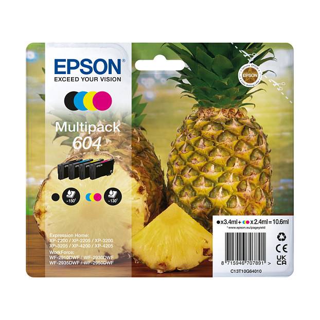 EPSON Multipack 604 Tintenpatronen' mit großem Ananasbildmotiv, Kapazitätsangaben und Kompatibilitätsliste für Druckermodelle.