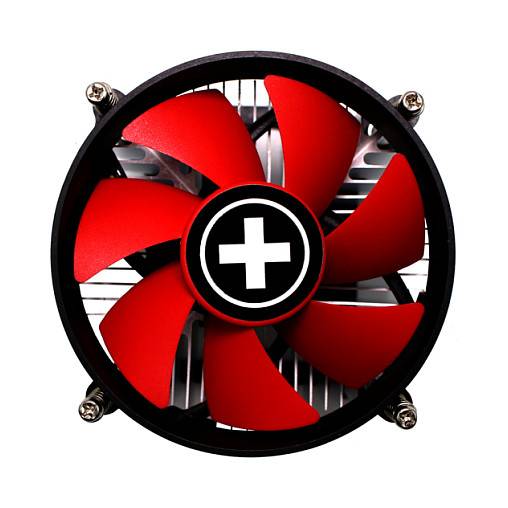 Ein rotes Computerlüfter von vorne betrachtet, mit schwarzen und silbernen Akzenten und einem prominenten Pluszeichen in der Mitte.