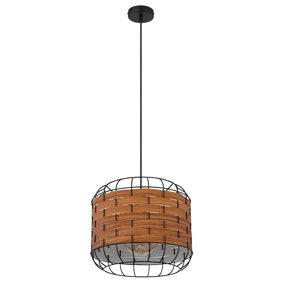 Pendellampe Esszimmerlampe Landhaus Holzoptik Hängelampe Gitterschirm, Metall, schwarz, matt, 1x E27 Fassung, DxH 35x120 cm