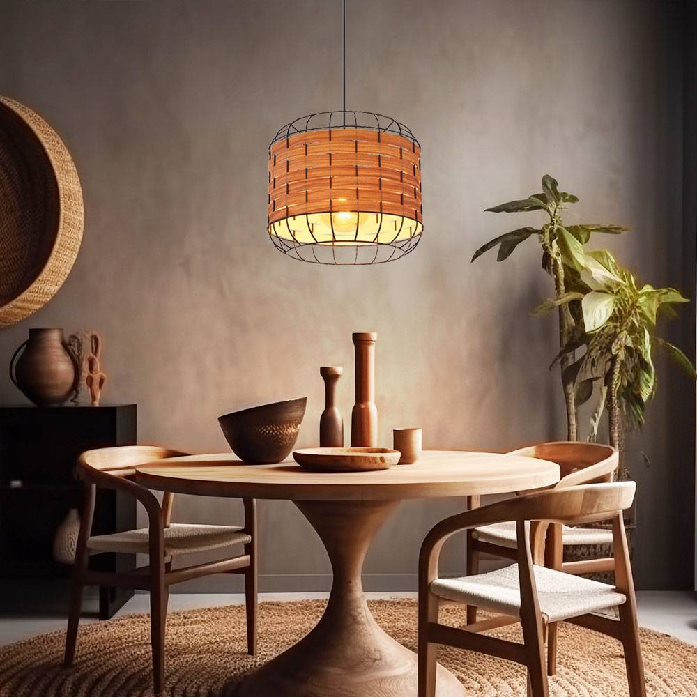 Pendellampe Esszimmerlampe Landhaus Holzoptik Hängelampe Gitterschirm, Metall, schwarz, matt, 1x E27 Fassung, DxH 35x120 cm