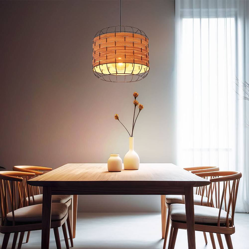 Pendellampe Esszimmerlampe Landhaus Holzoptik Hängelampe Gitterschirm, Metall, schwarz, matt, 1x E27 Fassung, DxH 35x120 cm