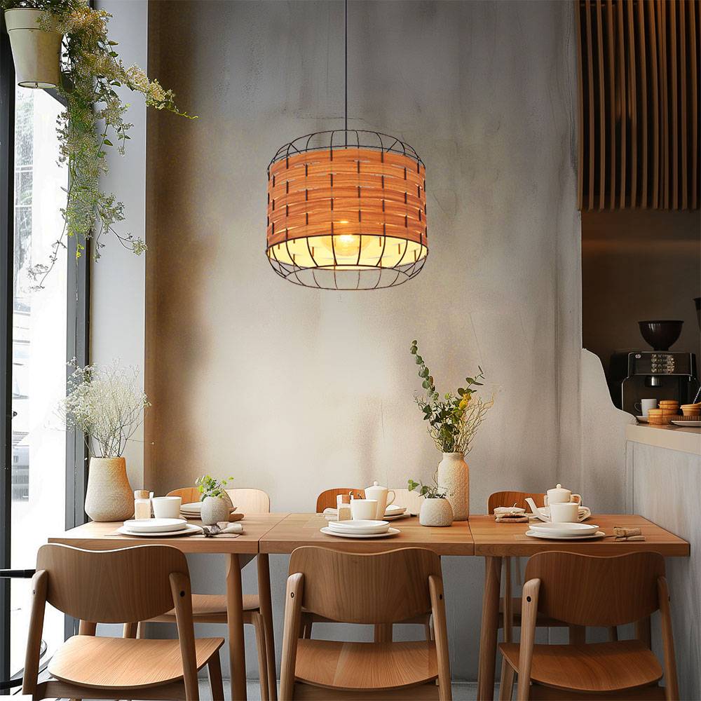 Pendellampe Esszimmerlampe Landhaus Holzoptik Hängelampe Gitterschirm, Metall, schwarz, matt, 1x E27 Fassung, DxH 35x120 cm