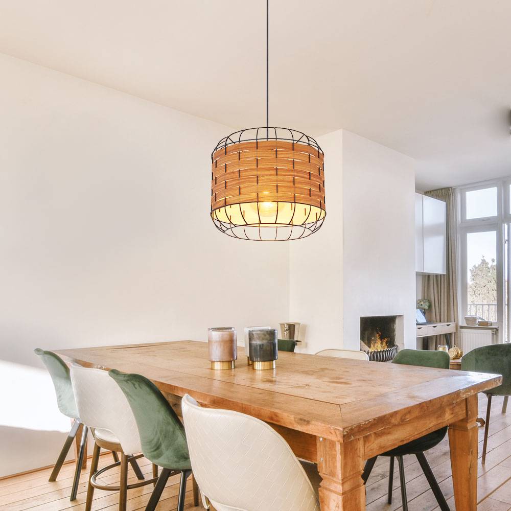 Pendellampe Esszimmerlampe Landhaus Holzoptik Hängelampe Gitterschirm, Metall, schwarz, matt, 1x E27 Fassung, DxH 35x120 cm