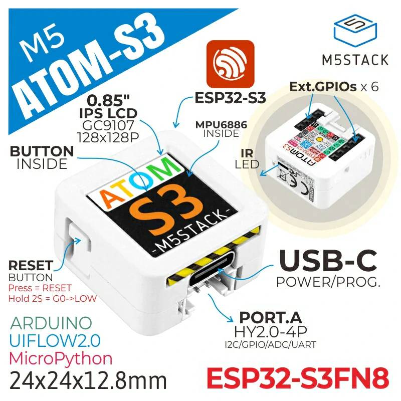M5Stack AtomS3 Dev Kit with 0.85inch Screen Programmable Controller C123