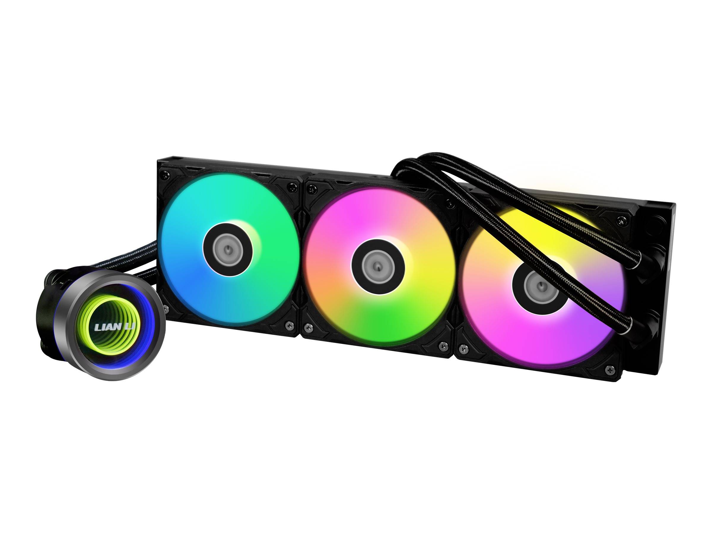 PC-Flüssigkeitskühler für CPU mit drei RGB-beleuchteten Lüftern auf einem Radiator und einem runden Pumpenblock, verbunden durch schwarze Schläuche.