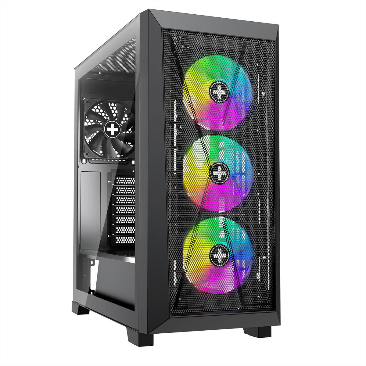 Schwarzes Desktop-PC-Gehäuse mit drei vorderen RGB-Lüftern hinter einem Gitterfeld und einem hinteren Lüfter, der durch die seitliche Öffnung sichtbar ist.