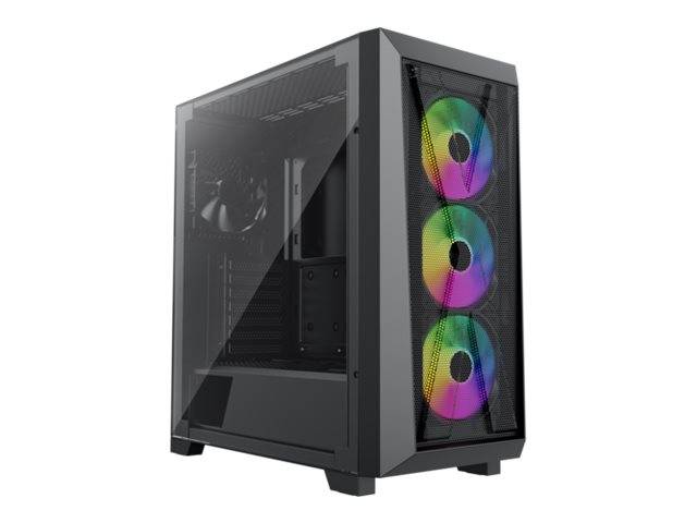 Schwarzes Midi-Tower-PC-Gehäuse mit Seitenpanel aus Hartglas und drei RGB-Lüftern an der Vorderseite.