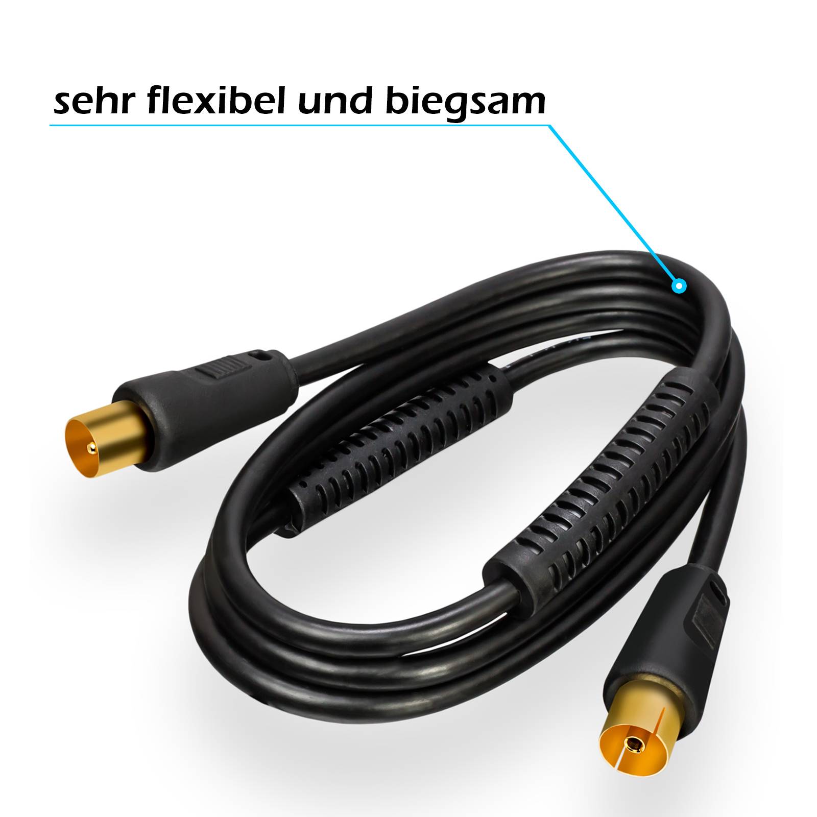 hb-digital 1m SAT Antennenkabel HDTV 100dB 2 Fach geschirmt IEC-Stecker IEC-Buchse vergoldet 2 x Ferritkern schwarz