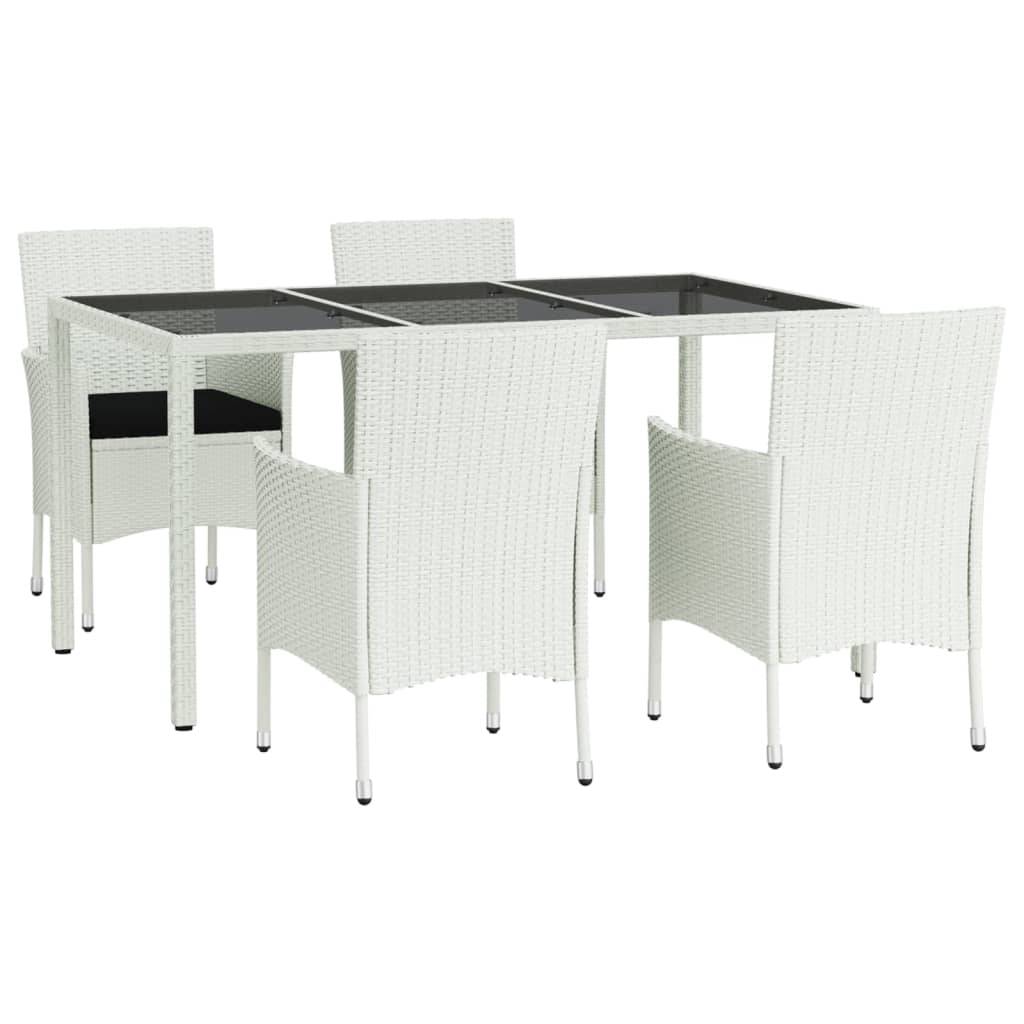 vidaXL 5-tlg. Garten-Essgruppe mit Kissen Weiß Poly Rattan