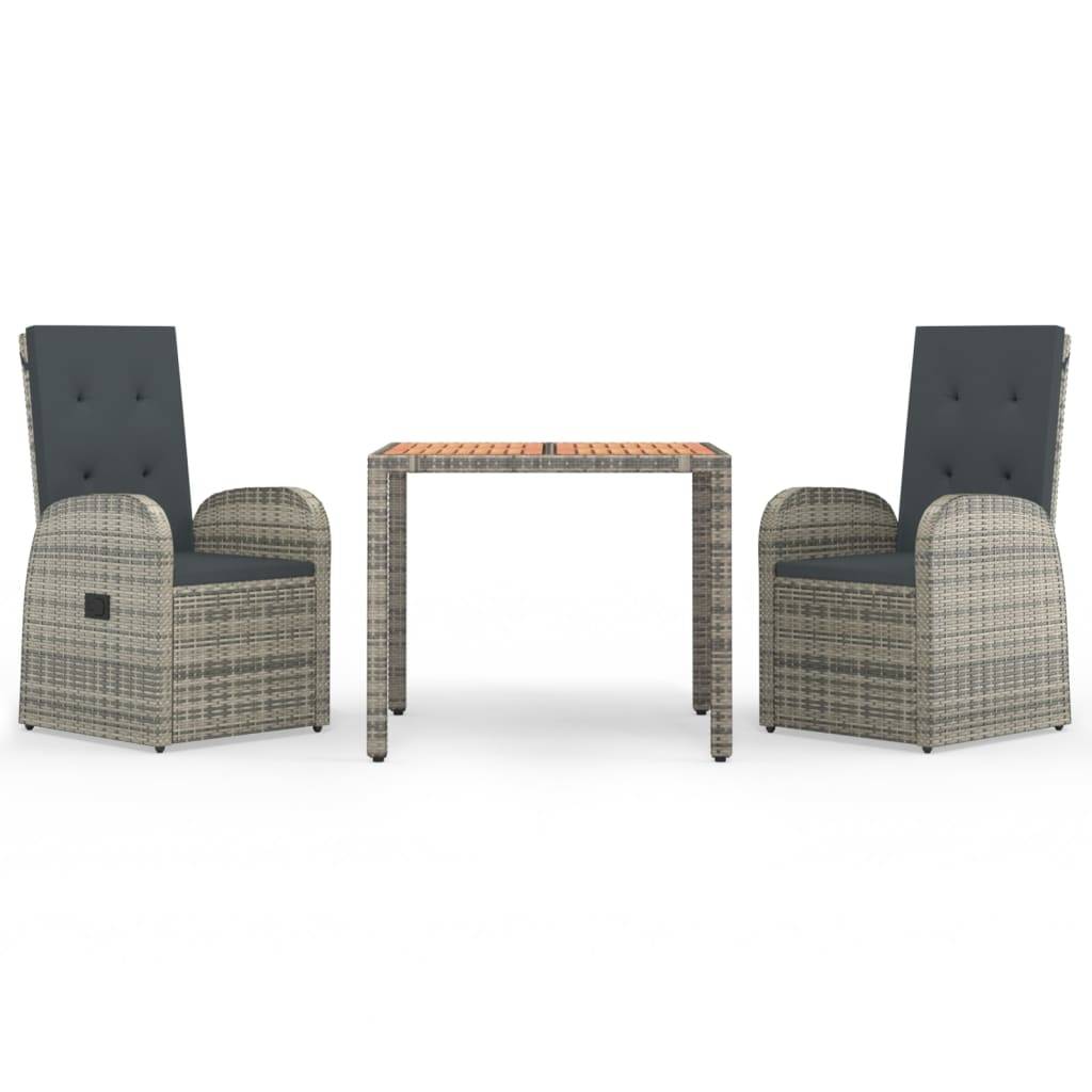 vidaXL 3-tlg. Garten-Essgruppe mit Kissen Grau Poly Rattan
