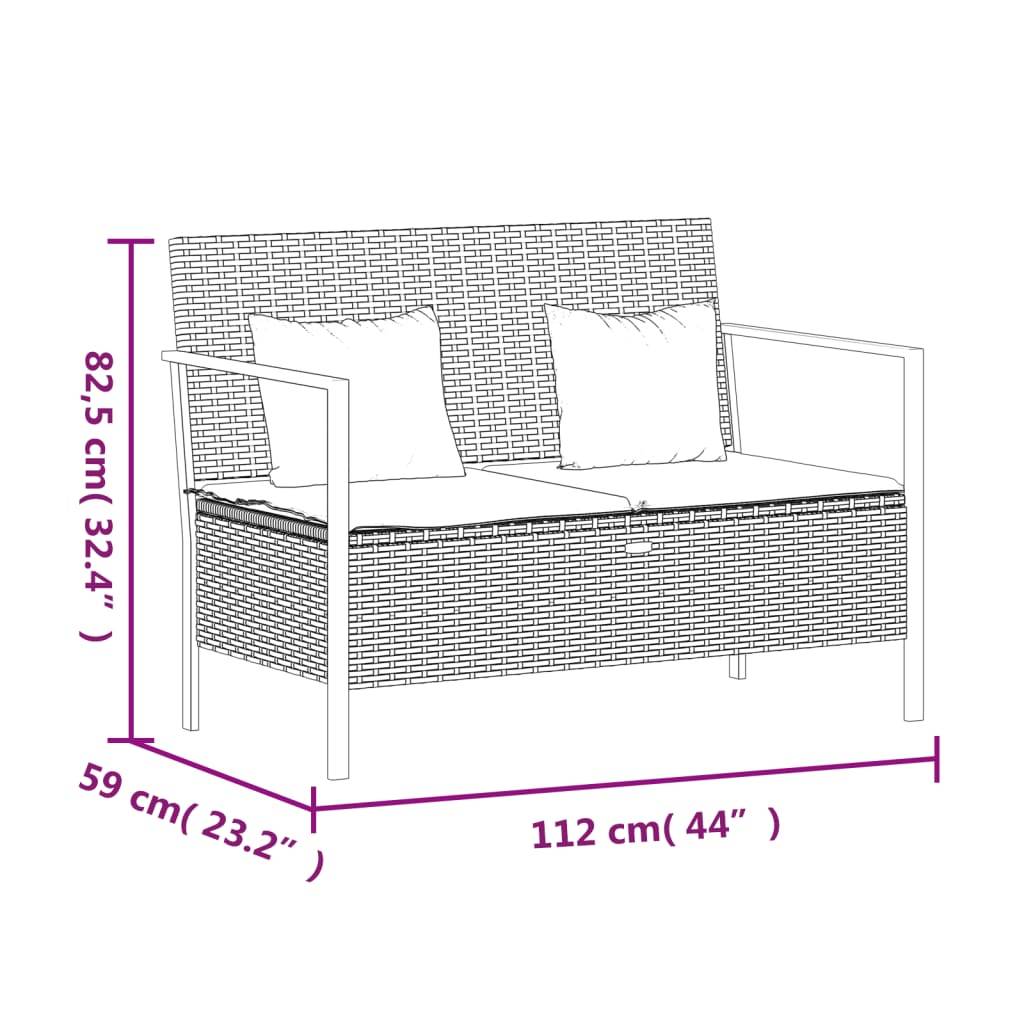 vidaXL Gartenbank 2-Sitzer mit Kissen Grau Poly Rattan