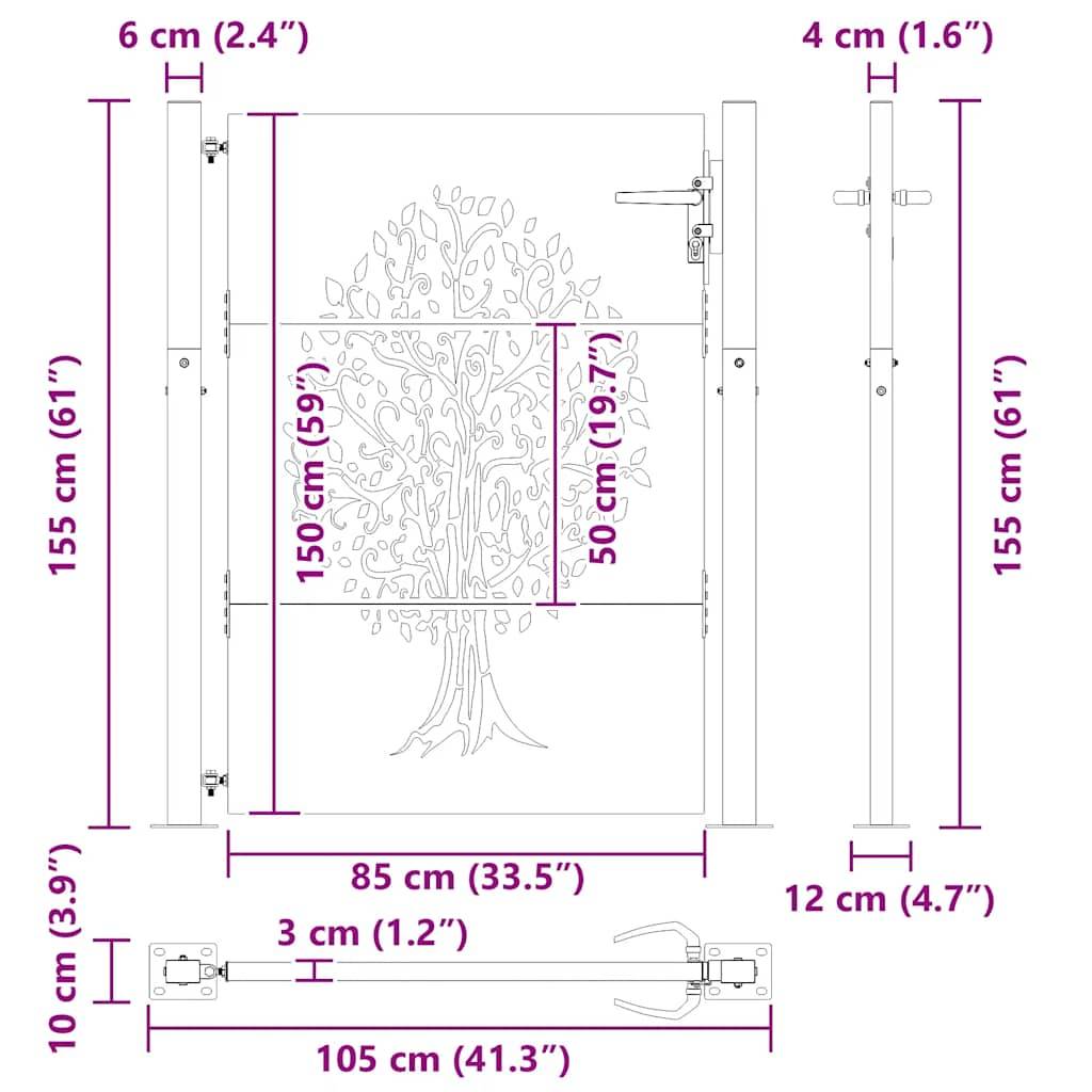 vidaXL Gartentor 105x155 cm Cortenstahl Baum-Design
