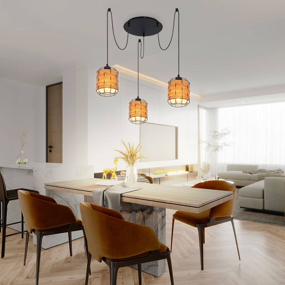 Pendelleuchte 3 flammig Lampenschirm Hängelampe Holzoptik Wohnzimmerlampe zum verstellen, Metall Kunststoff, schwarz braun, 3x E27 Fassungen, DxH