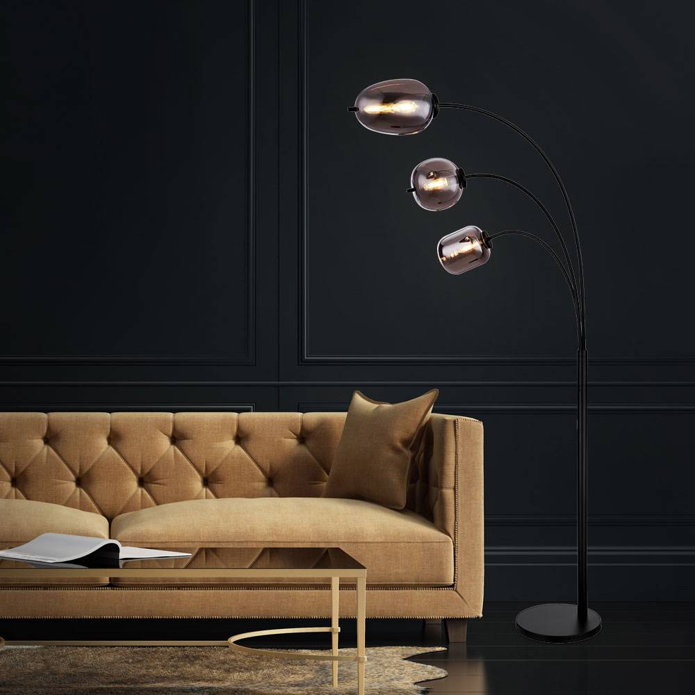 Stehlampe Stehleuchte Wohnzimmer Kugel rauchfarben Stehlampe schwarz Metall Glas, Fußschalter, 3x E14 Fassungen, LxBxH 80x60x175 cm