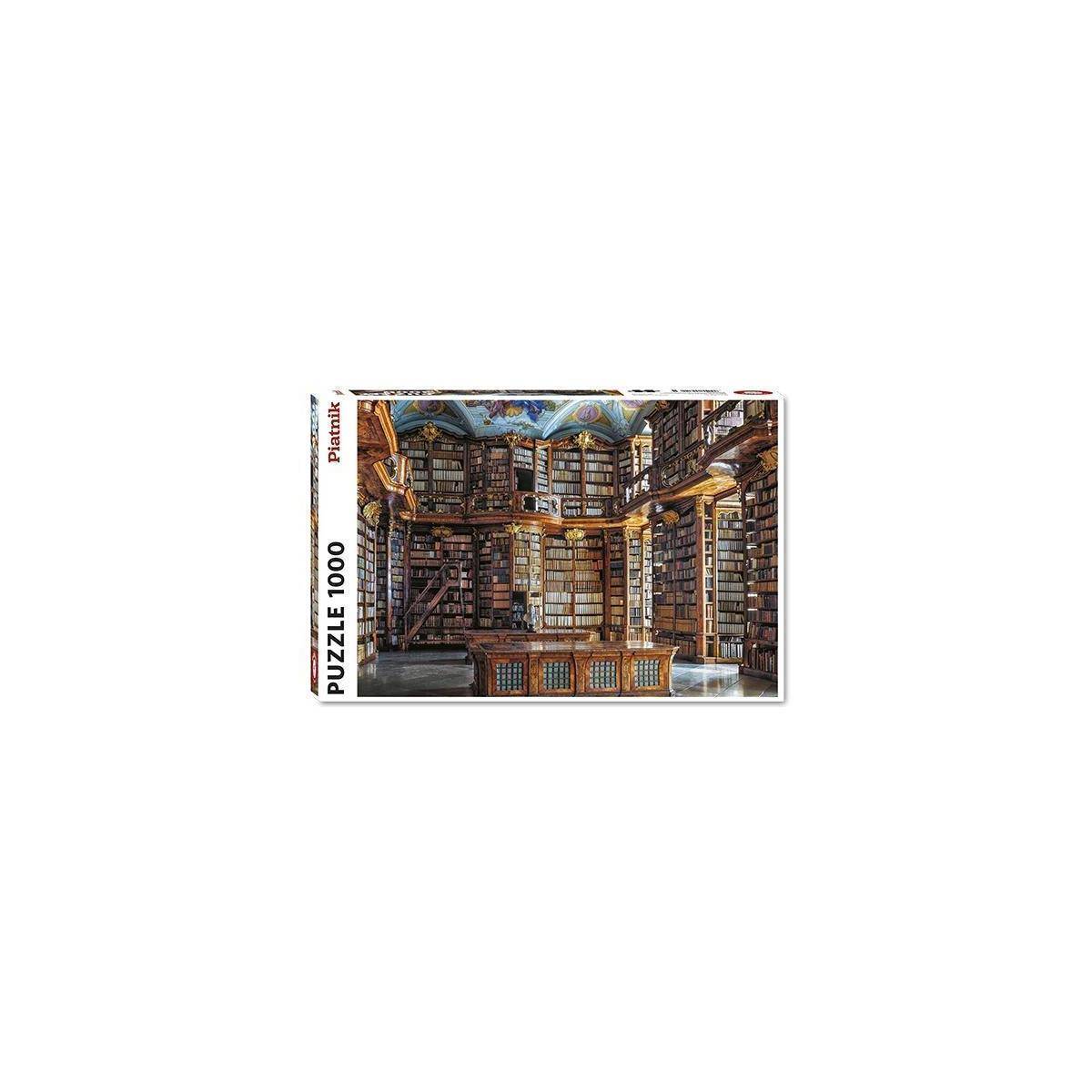 Ein 1000-teiliges Puzzle, das das Innere einer prächtigen Bibliothek zeigt, mit hohen Bücherregalen, einem zentralen Holztisch und einer bemalten Kuppeldecke.