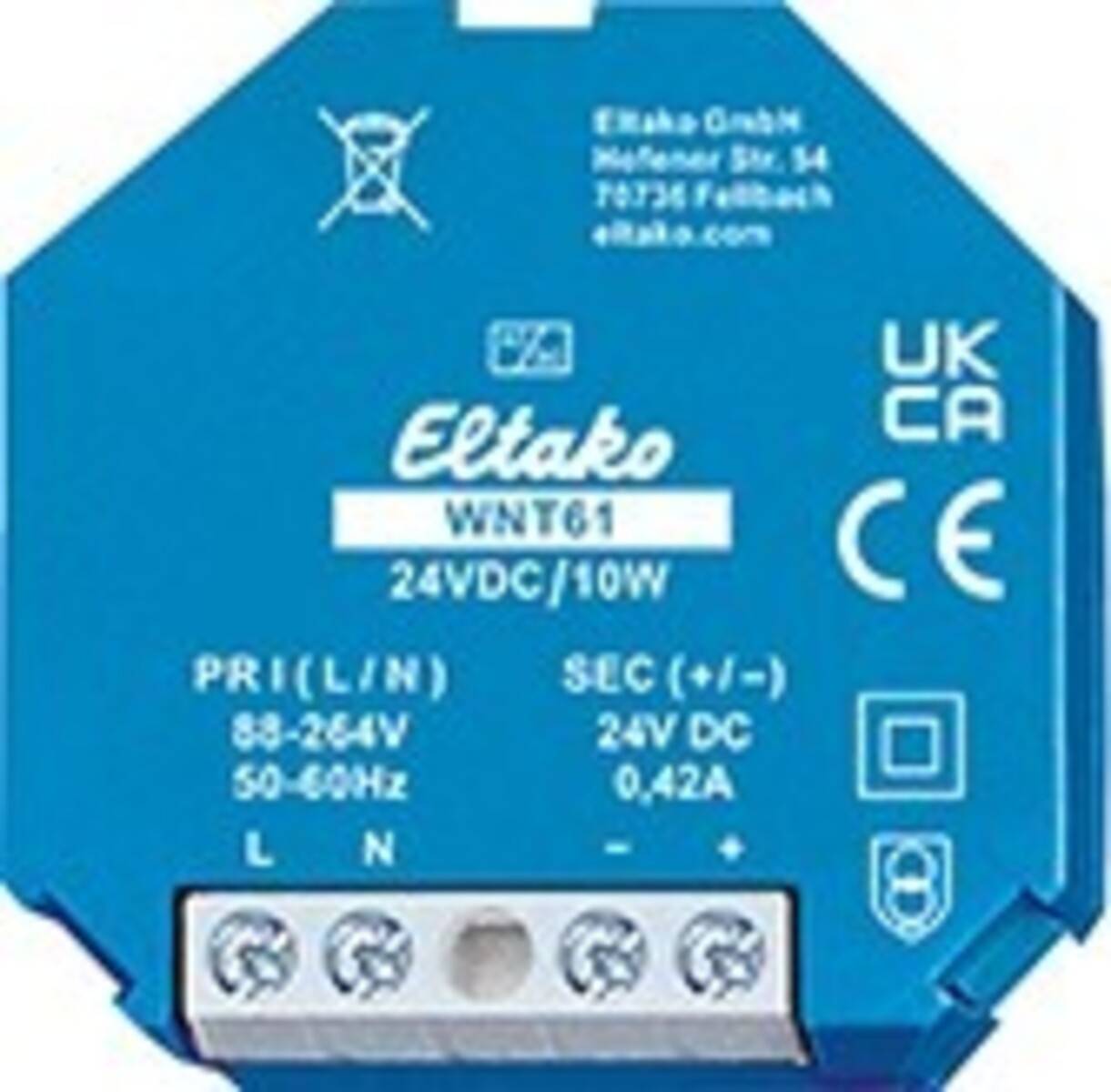 Blaues Eltako WNT61 24VDC/10W Stromversorgungsmodul mit Anschllussklemmen und Zertifizierungsmarkierungen.
