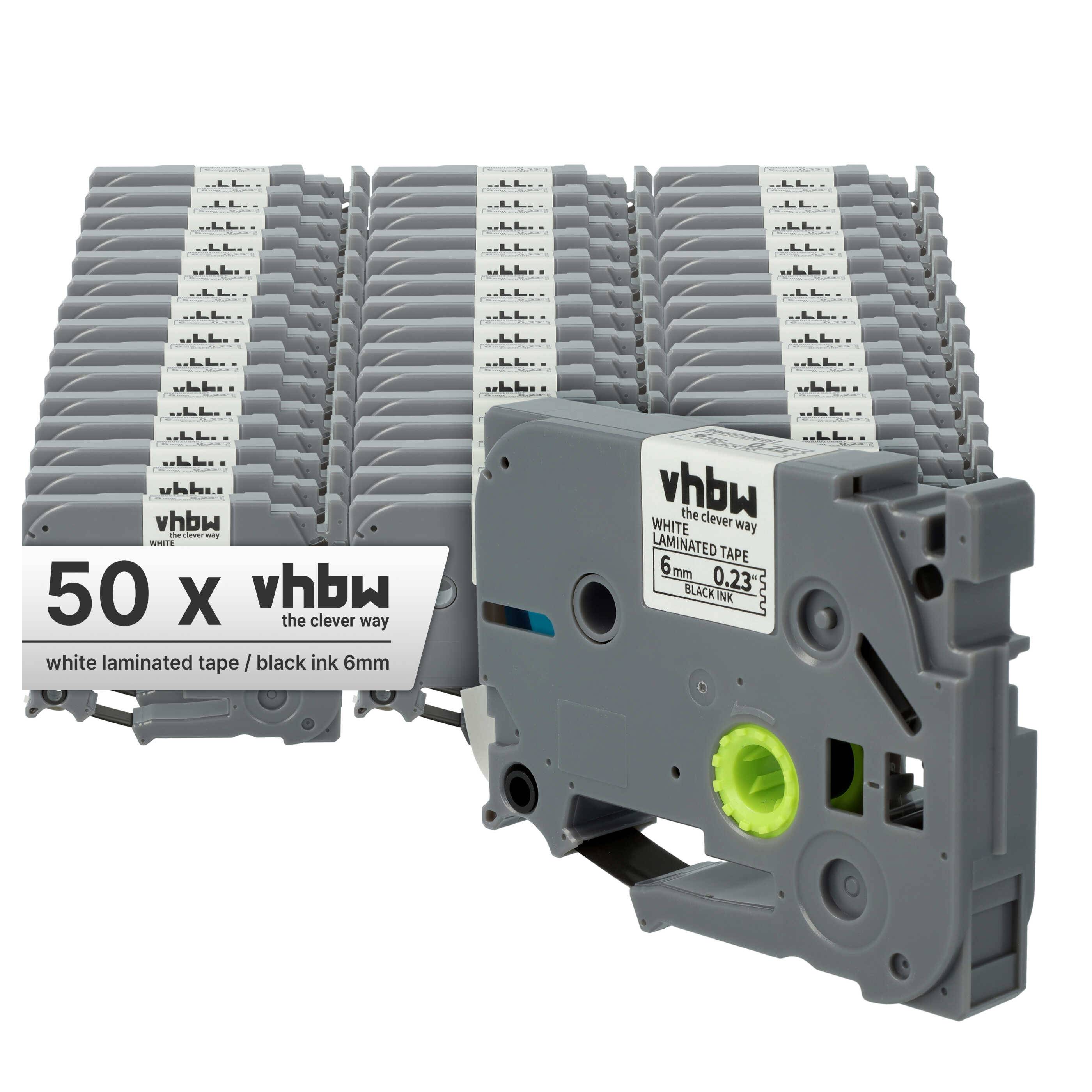 vhbw 50x Schriftband-Kassette kompatibel mit Brother PT D600 | D600VP, D450, D450VP, H100LB, E100, E100VP Etiketten-Drucker 8m x 6mm Schwarz auf