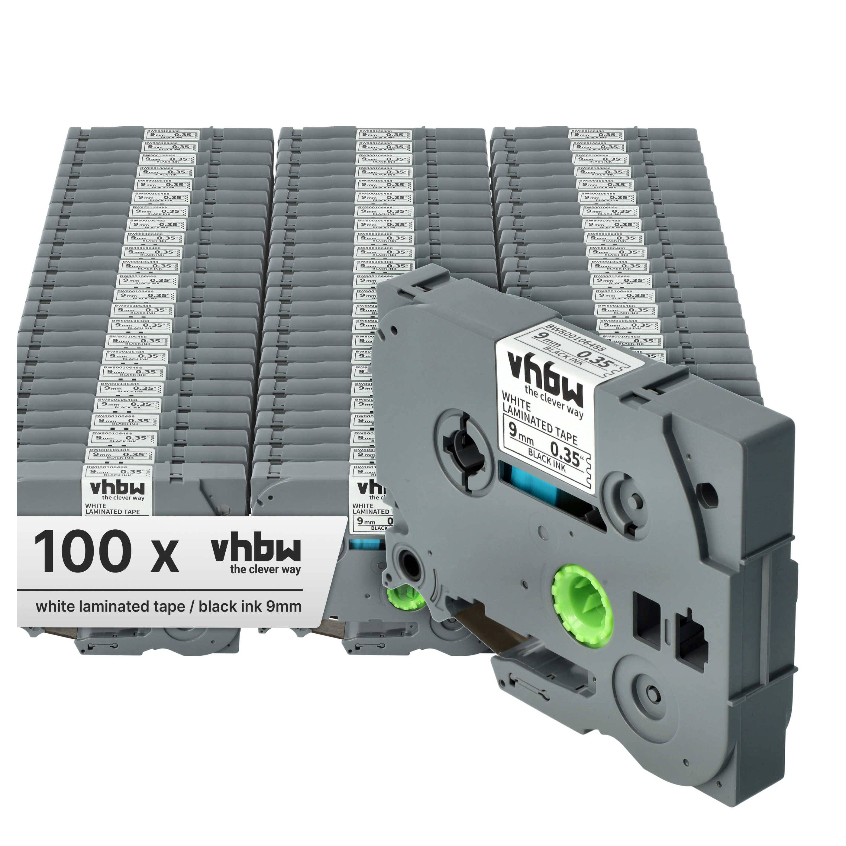 vhbw 100x Schriftband-Kassette kompatibel mit Brother PT D600, D600VP, D450, D450VP, D400, D400VP, E100 Etiketten-Drucker 8m x 9mm Schwarz auf Weiß