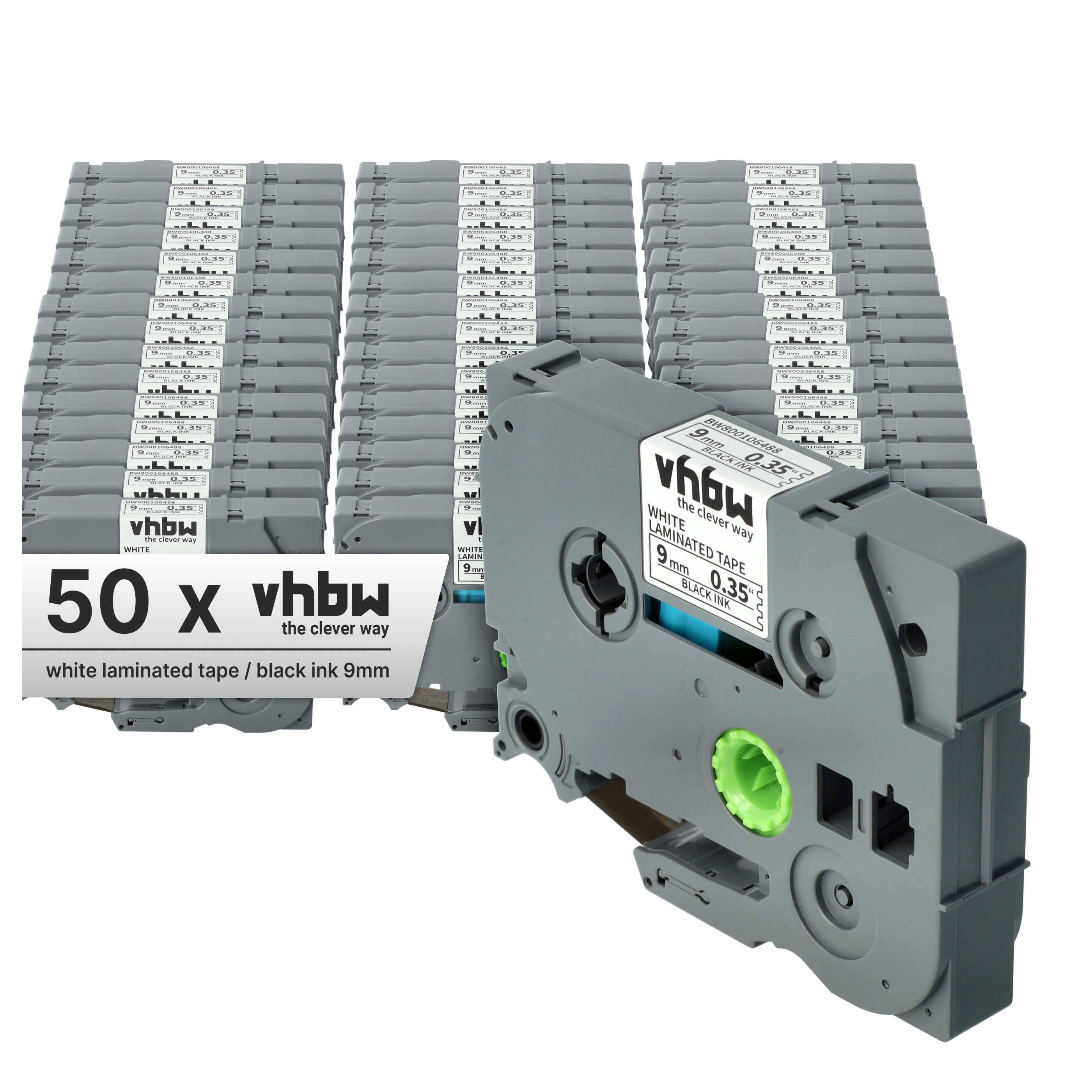 vhbw 50x Schriftband-Kassette kompatibel mit Brother PT D600, D600VP, D450, D450VP, H100LB, E100, E100VP Etiketten-Drucker 8m x 9mm Schwarz auf Weiß