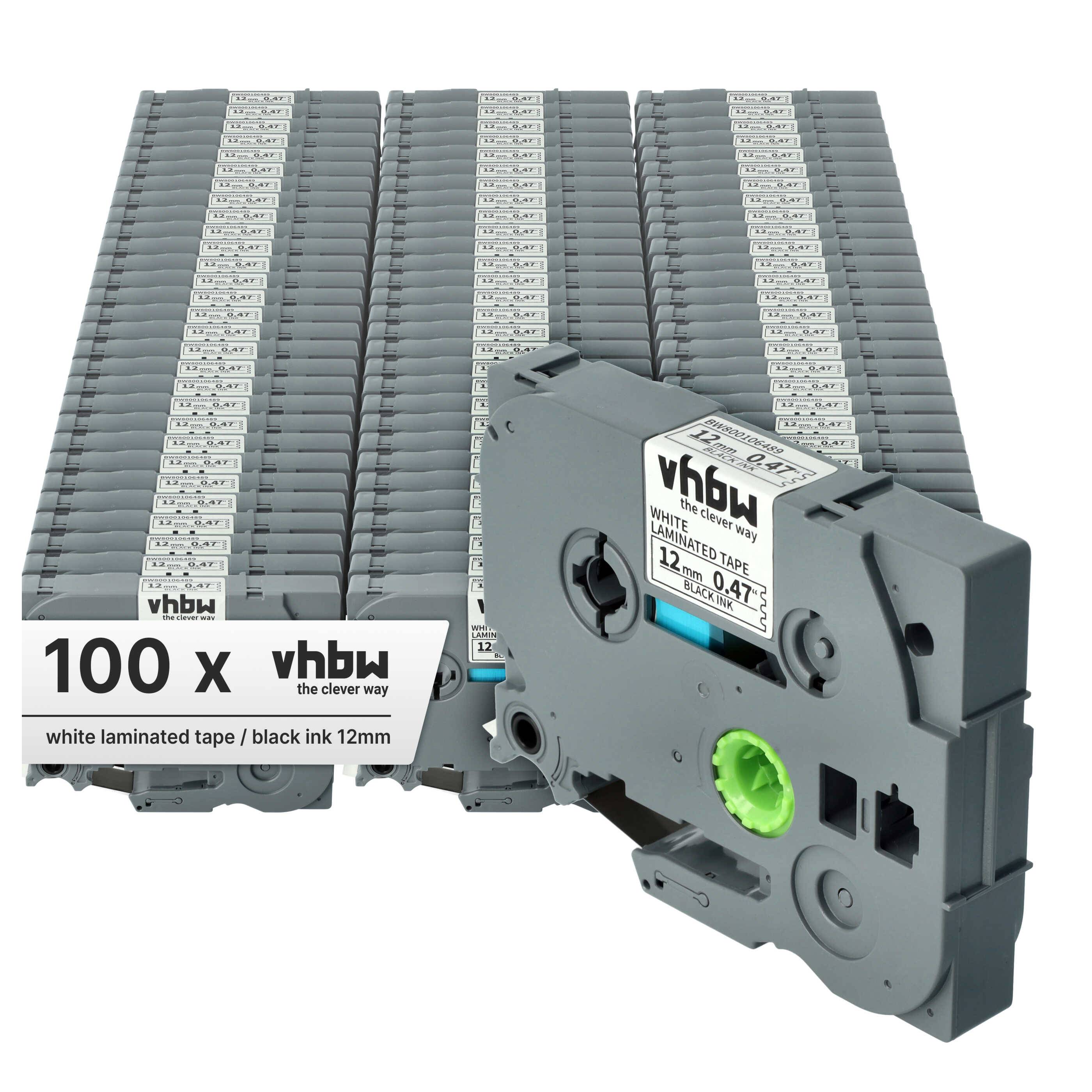 vhbw 100x Schriftband-Kassette kompatibel mit Brother PT 9600 | 9400, 9200, 9200PC, 9200DX, 9500, 9500pc Etiketten-Drucker 8m x 12mm Schwarz auf
