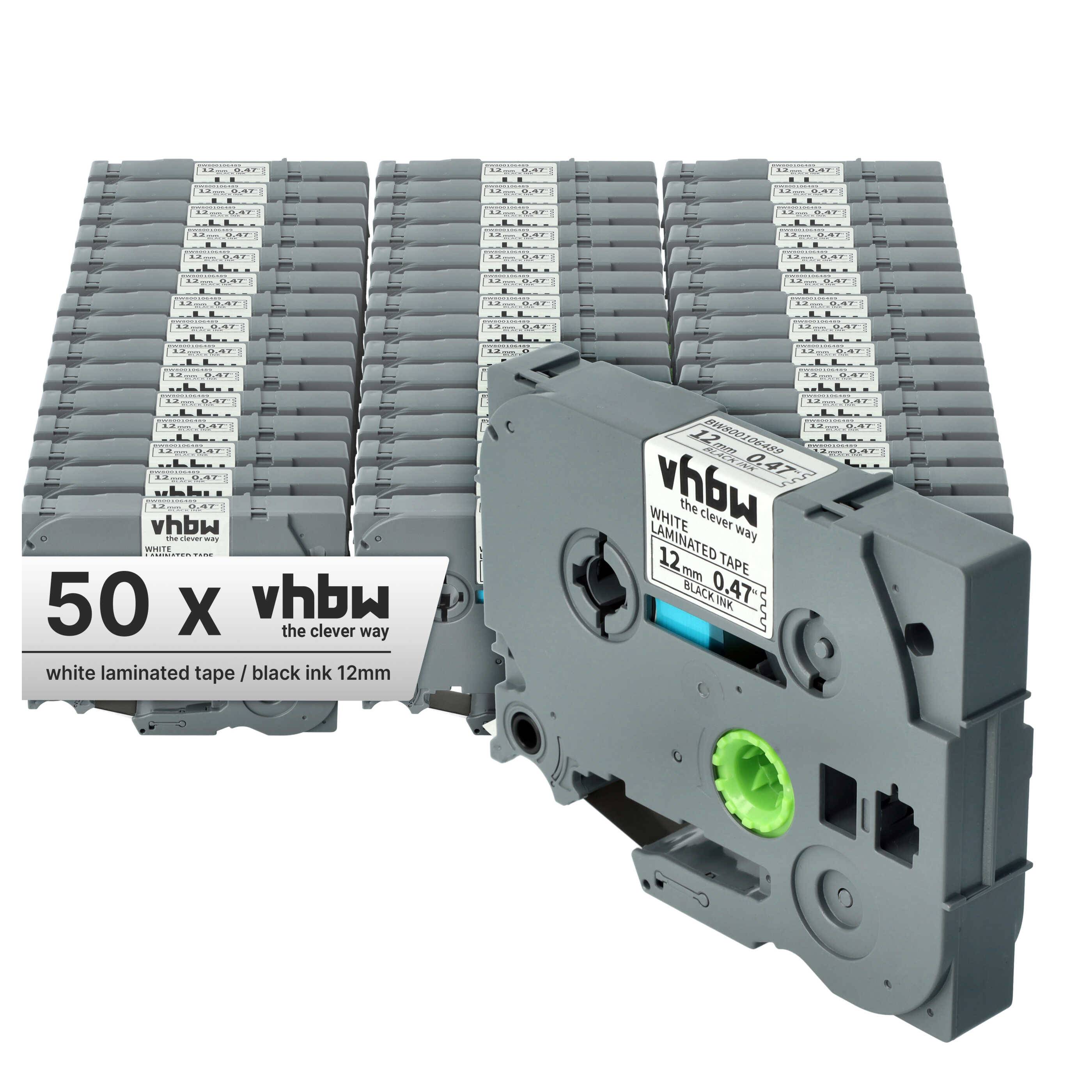vhbw 50x Schriftband-Kassette kompatibel mit Brother PT 1900 | 200, 1910, 1950, 1950VP, 1960, 2000-Serie Etiketten-Drucker 8m x 12mm Schwarz auf