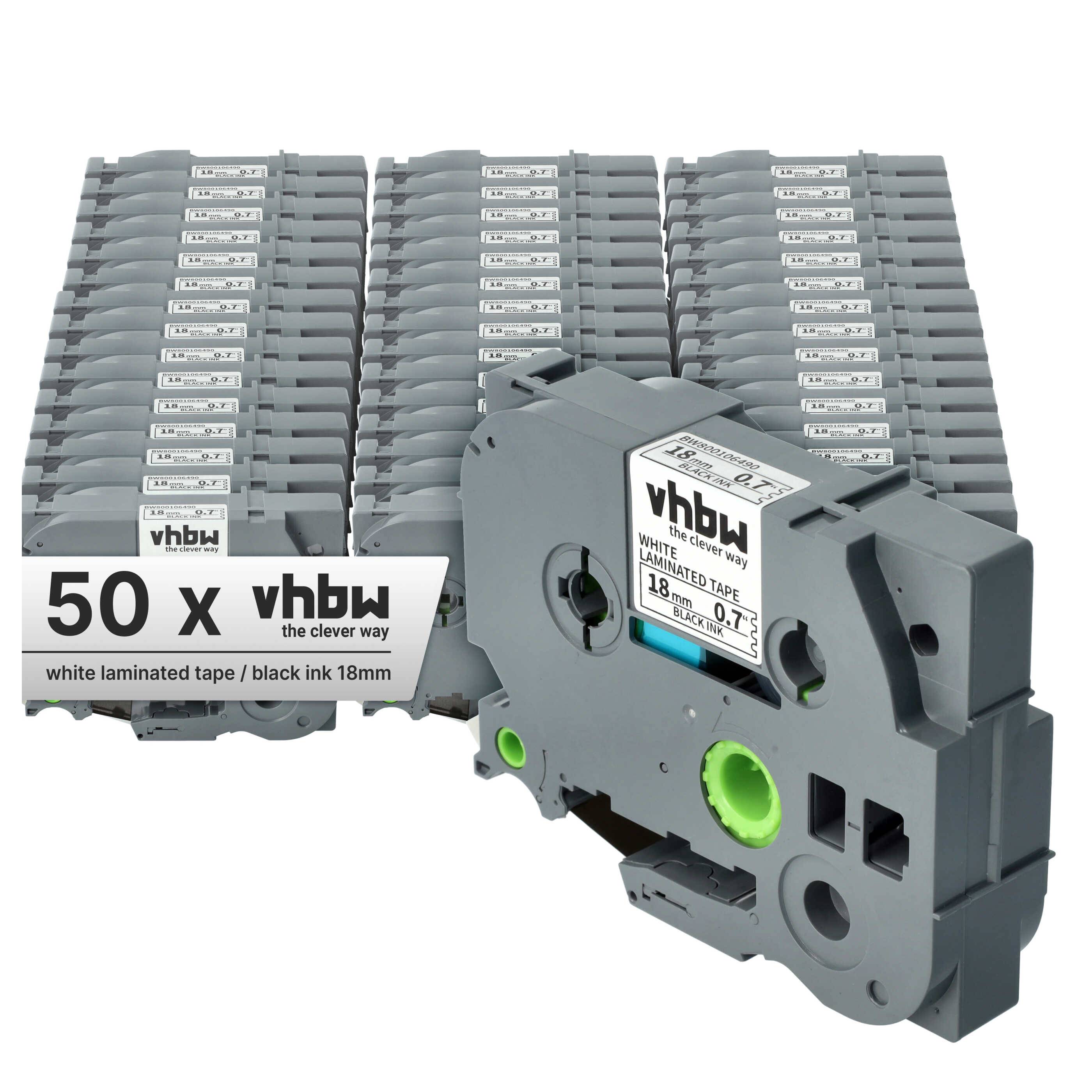 vhbw 50x Schriftband-Kassette kompatibel mit Brother PT 2480, 2470, 2460, 2450 DX, 2500 PC, 2730 VP Etiketten-Drucker 8m x 18mm Schwarz auf Weiß