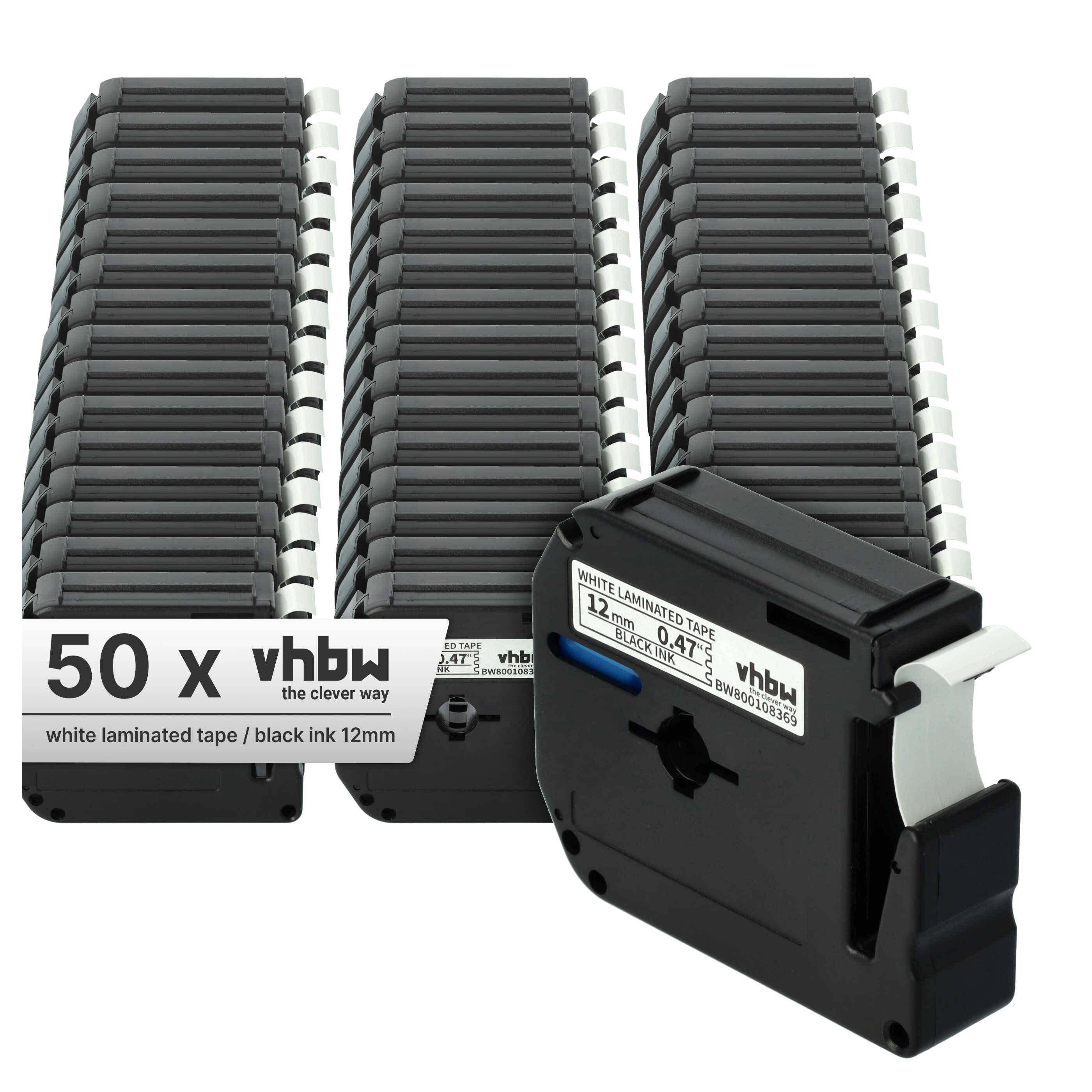 vhbw 50x Schriftband-Kassette kompatibel mit Brother P-Touch 65, 65SL, 70, 65SCCP, 55S, 65SB, 65VP, 55BM Etiketten-Drucker 8m x 12mm Schwarz auf