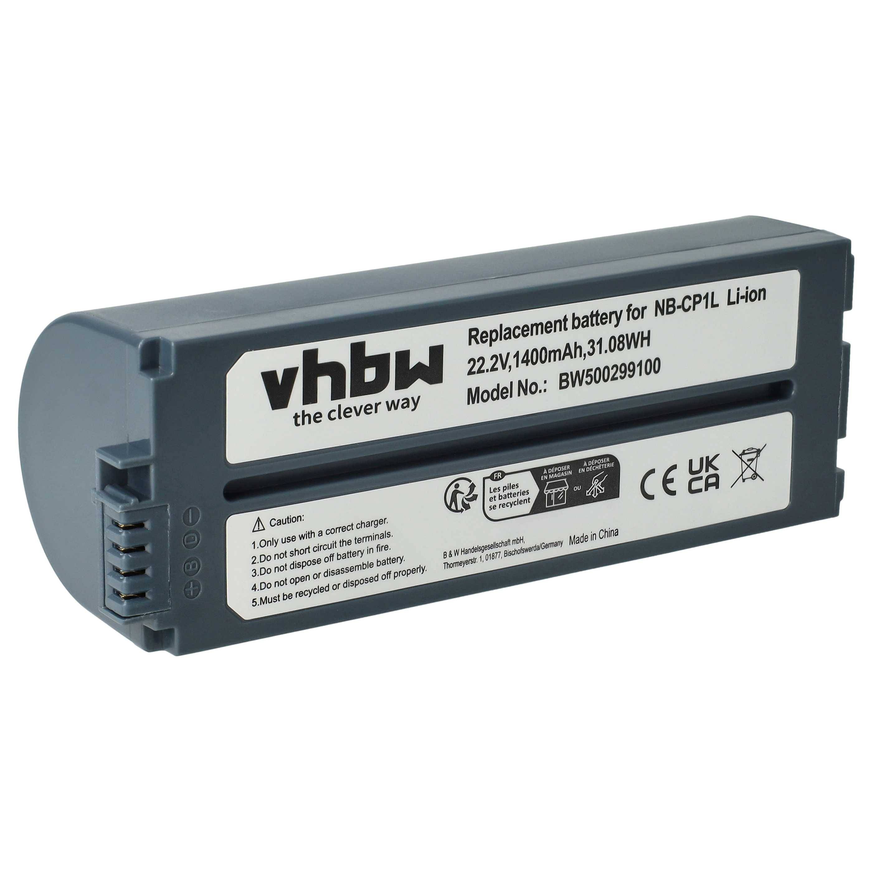 vhbw Akku kompatibel mit Canon Selphy CP-1200, CP-1000, CP-100, CP-1300, CP-1500, CP-200, CP-220 Fotodrucker (1400 mAh, 22,2 V, Li-Ion)