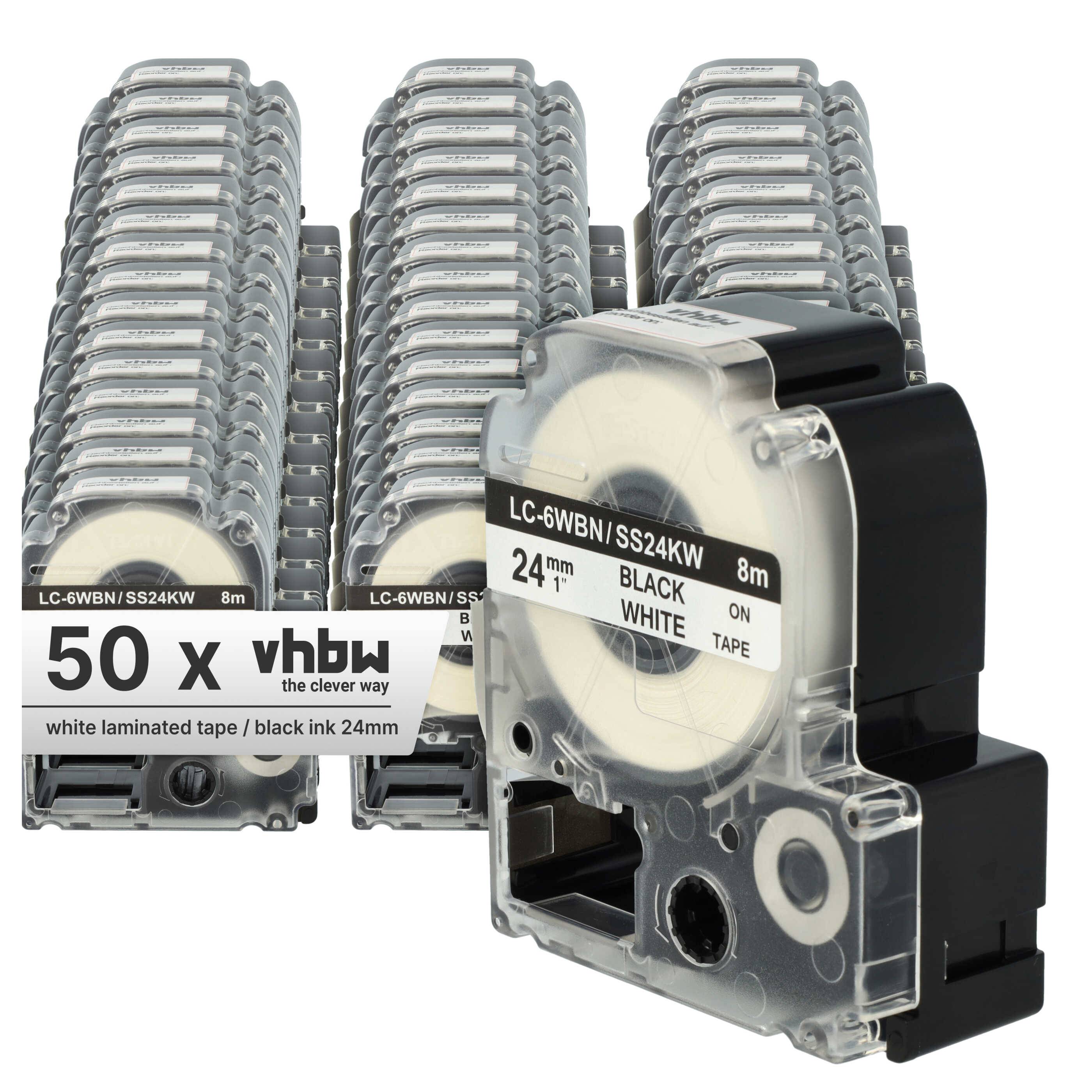 vhbw 50x Schriftband-Kassette kompatibel mit Epson LabelWorks LW-1000P, LW-600P, LW-500, LW-400, LW-300 Etiketten-Drucker 8m x 24mm Schwarz auf Weiß