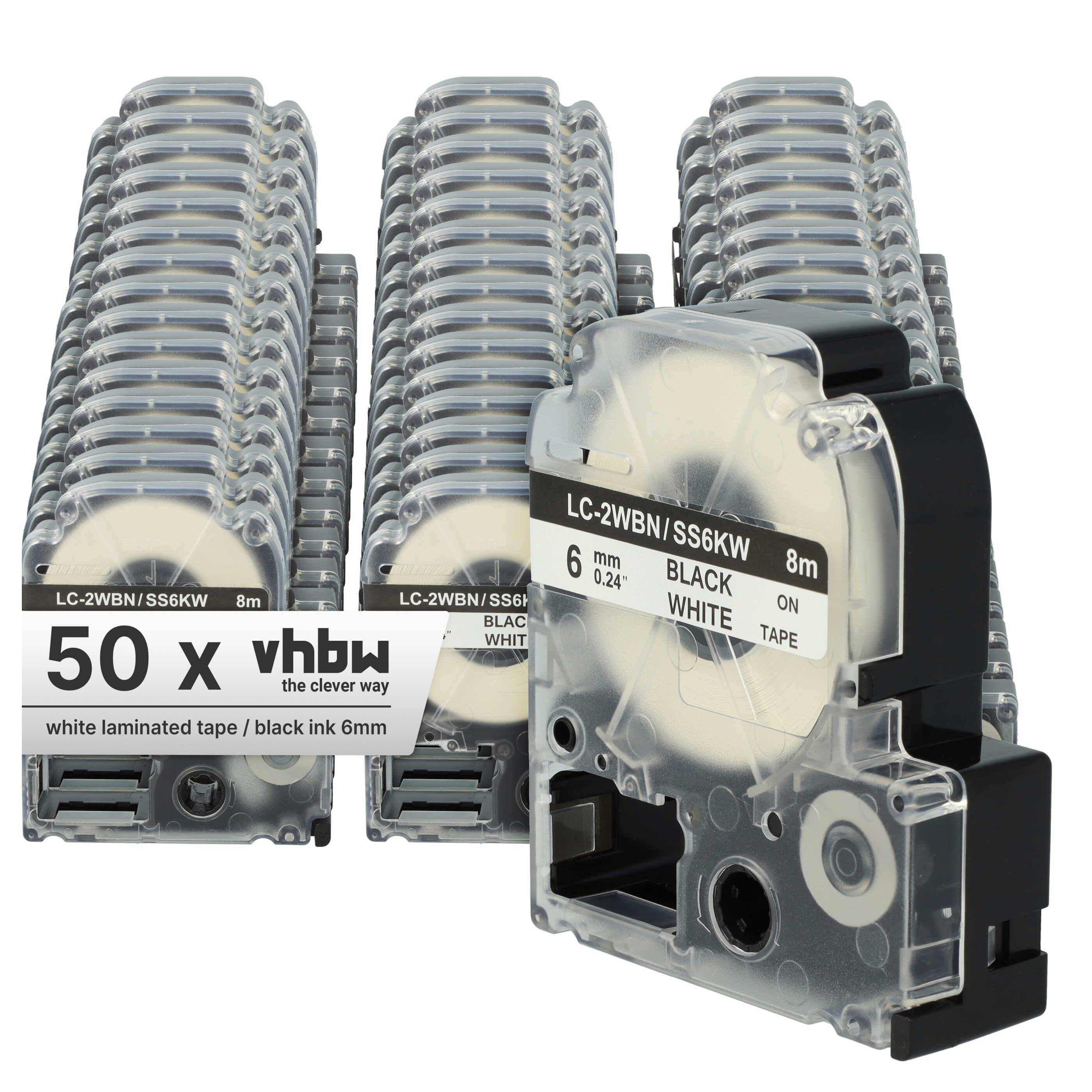 vhbw 50x Schriftband-Kassette kompatibel mit Epson LabelWorks LW-1000P, LW-600P, LW-500, LW-400, LW-300 Etiketten-Drucker 8m x 6mm Schwarz auf Weiß