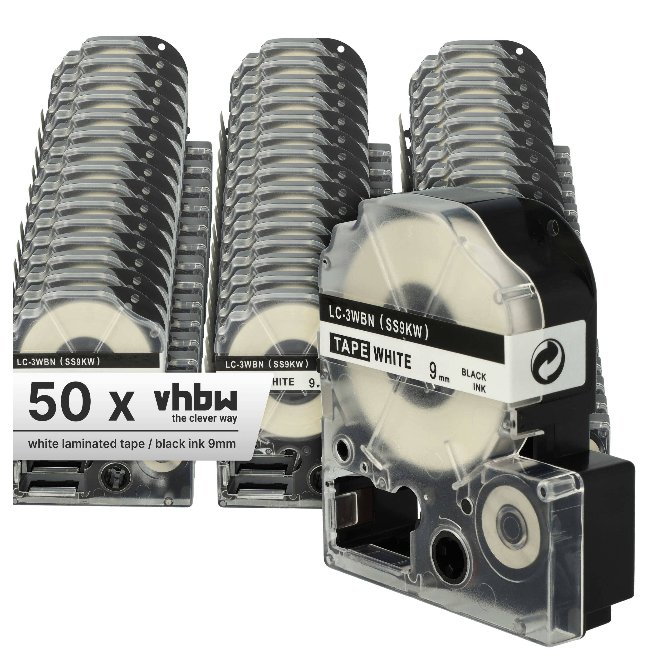 vhbw 50x Schriftband-Kassette kompatibel mit Epson LabelWorks LW-1000P, LW-600P, LW-500, LW-400, LW-300 Etiketten-Drucker 8m x 9mm Schwarz auf Weiß