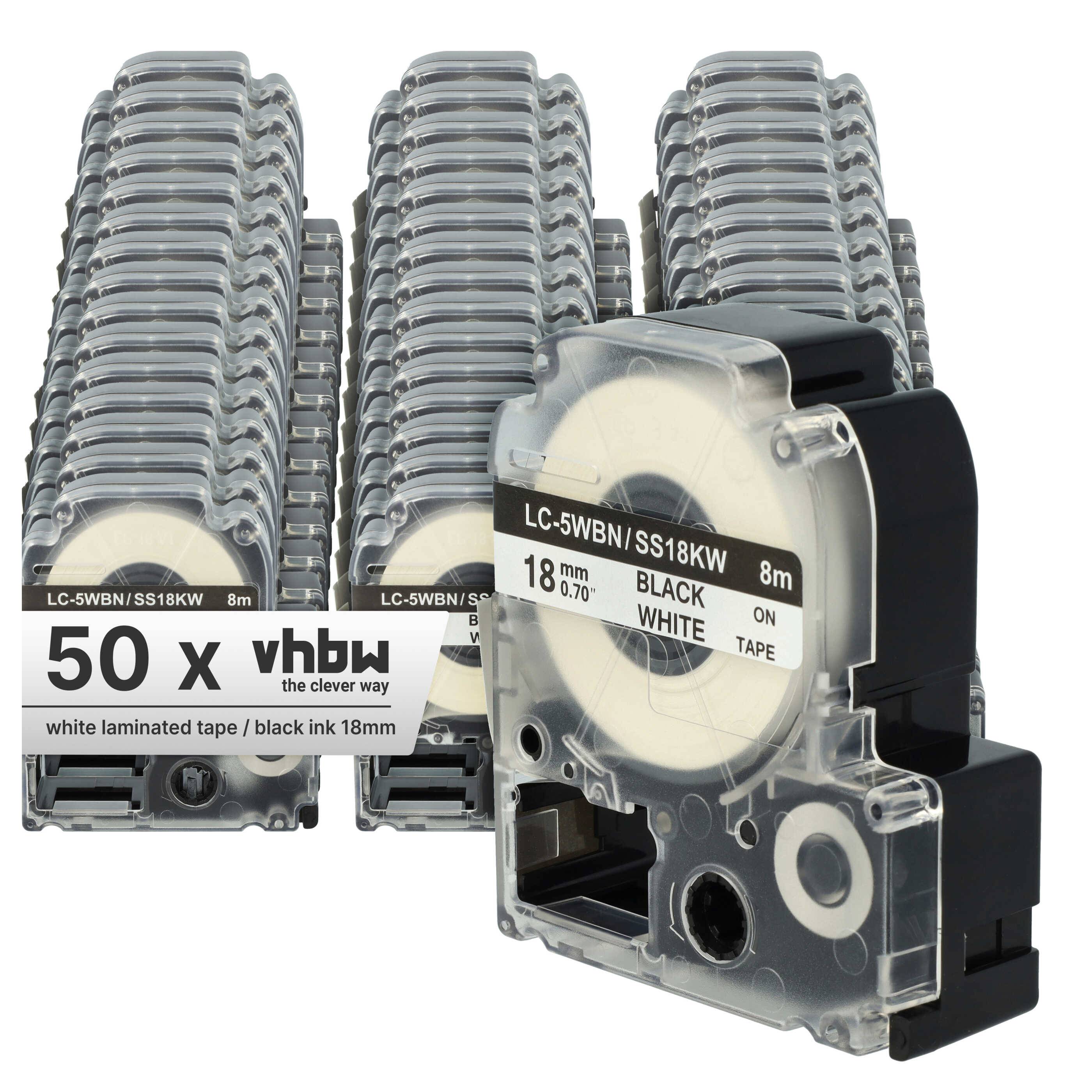 vhbw 50x Schriftband-Kassette kompatibel mit Epson LabelWorks OK200, LW-900P, OK720, OK300, OK500P Etiketten-Drucker 8m x 18mm Schwarz auf Weiß