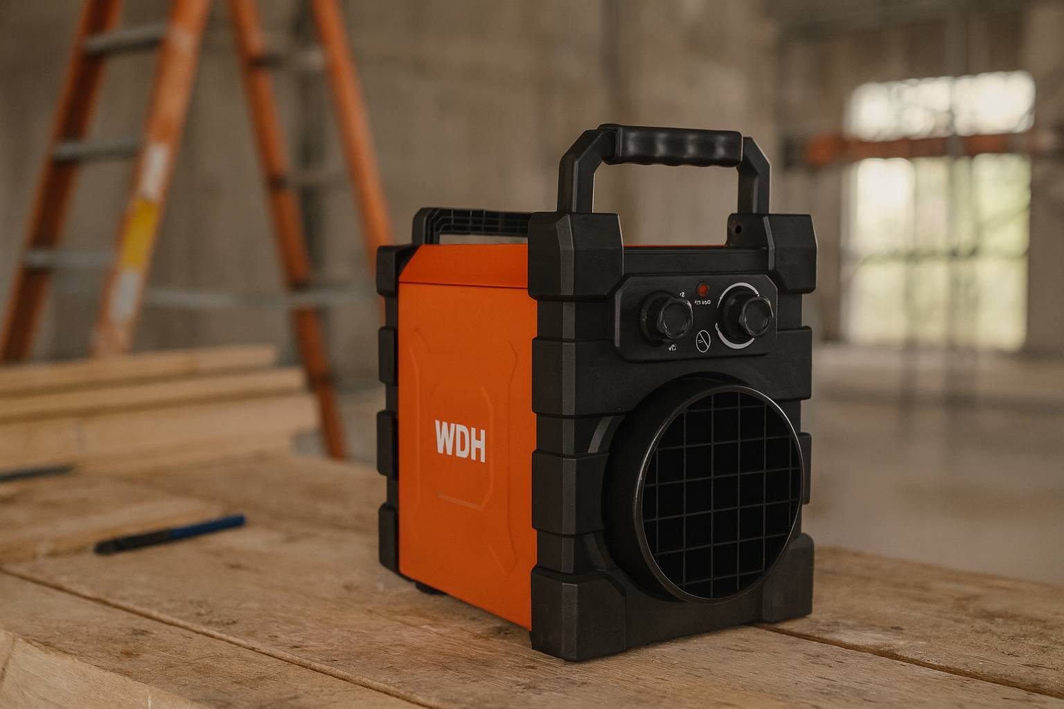 Ein kompakter orange-schwarzer Heizlüfter mit der Beschriftung 'WDH' steht auf einem Holztisch in einer Werkstatt, vor einem unscharfen Hintergrund mit einer Leiter.