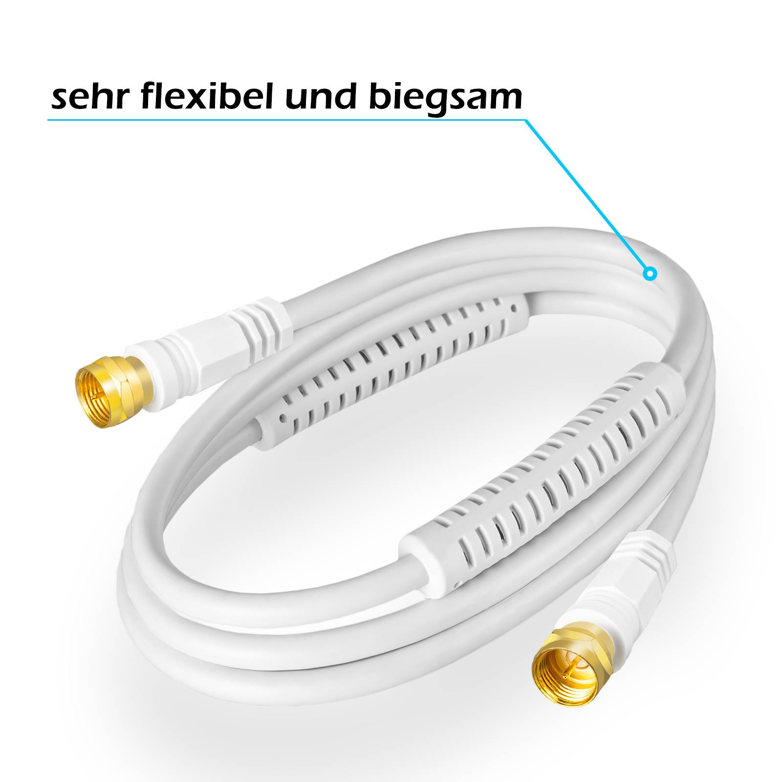 hb-digital 10m SAT Anschluss Kabel 100dB mit 2 x F-Stecker vergoldet mit 2 x Ferritkern Außen Durchmesser 5mm weiß