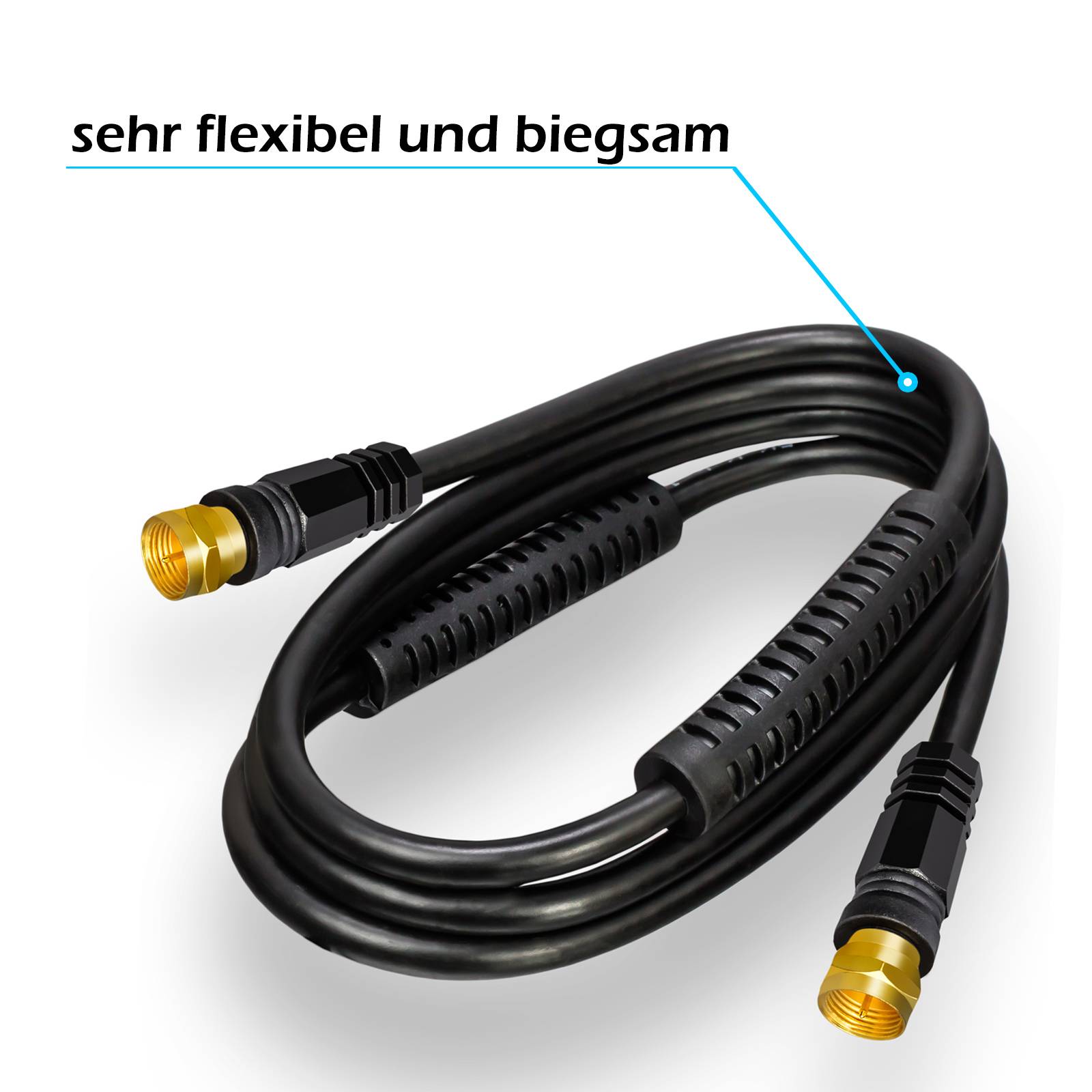 hb-digital 15m SAT Anschluss Kabel 100dB mit 2 x F-Stecker vergoldet mit 2 x Ferritkern Außen Durchmesser 5mm schwarz