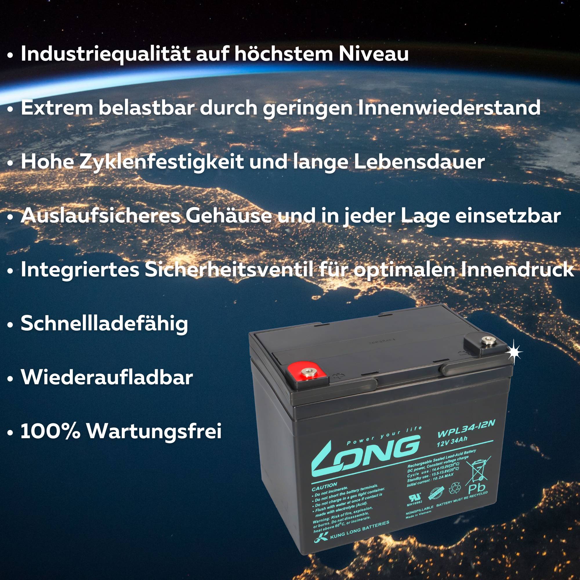 Kung Long WPL34-12N 12V 34Ah AGM Bleiakku M5 Longlife