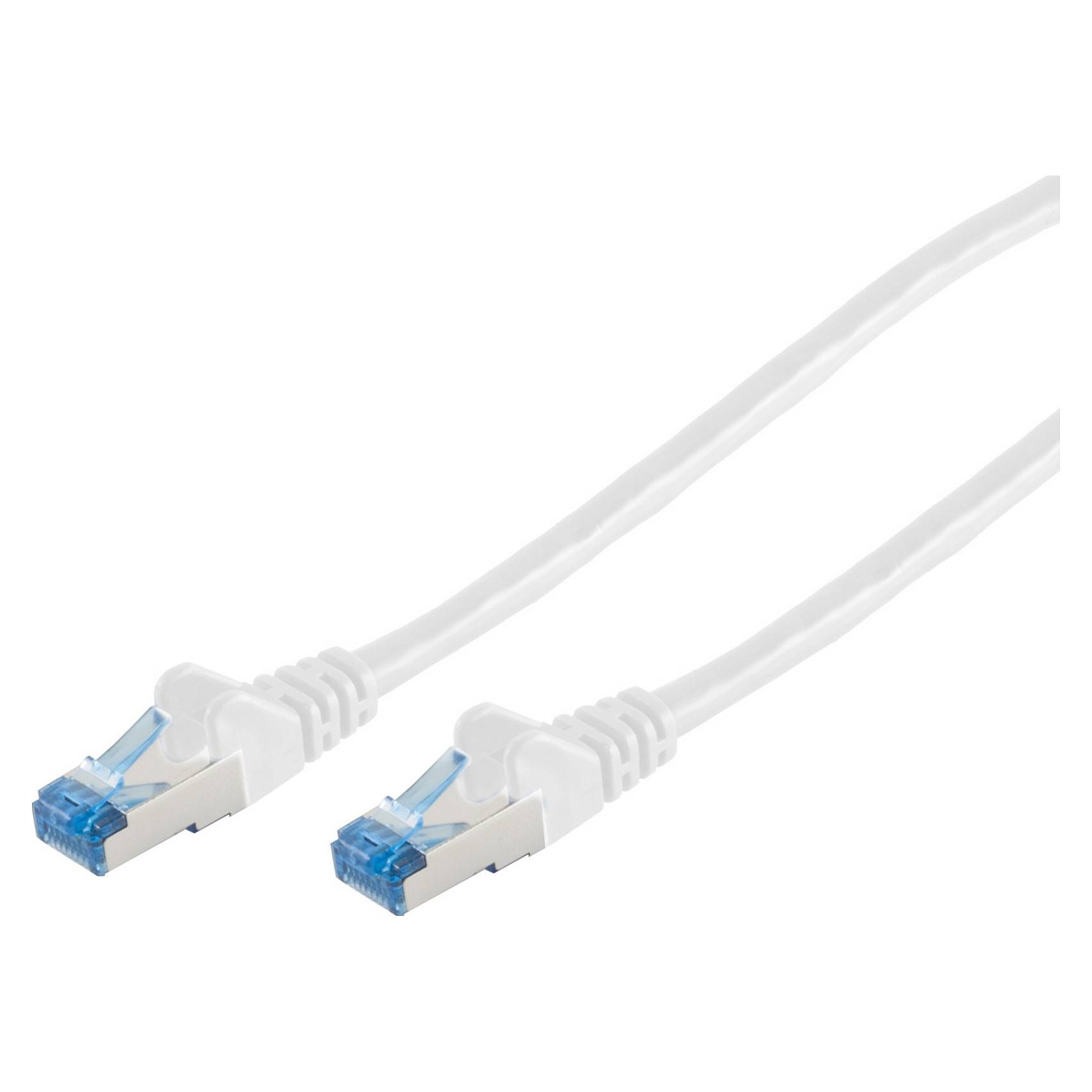Weißes Ethernet-Kabel mit RJ45-Steckern an beiden Enden, verwendet für Netzwerkverbindungen.