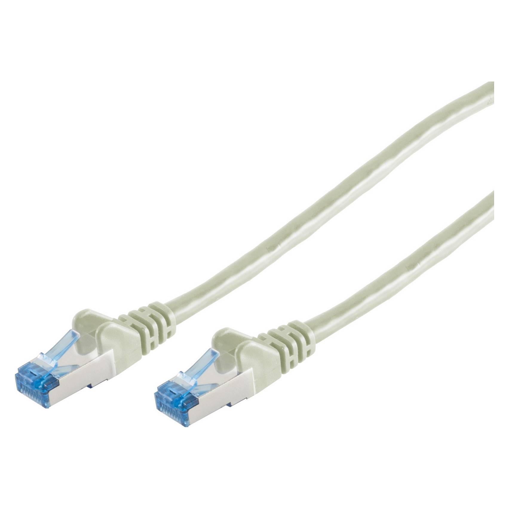 Zwei beige Ethernet-Kabel mit blauen Steckern, die für Netzwerkverbindungen verwendet werden, parallel zueinander auf weißem Hintergrund positioniert.