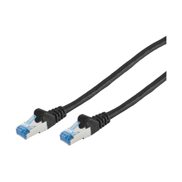 Zwei schwarze Ethernet-Kabel mit blauen Steckern werden gezeigt, die in entgegengesetzte Richtungen ausgerichtet sind.