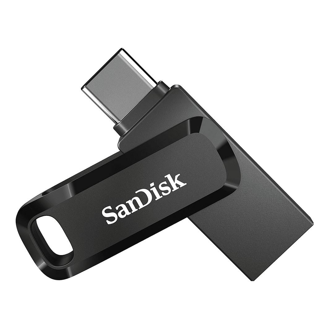 Ein schwarzes SanDisk USB-C-Flash-Laufwerk mit schwenkbarem Design.