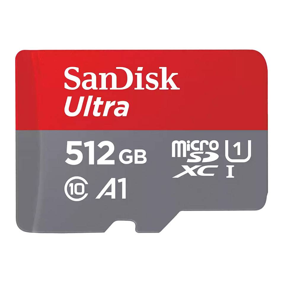 SanDisk Ultra 512GB microSDXC-Karte, gekennzeichnet mit Speed Class 10, UHS-1 und A1-Bewertung, verwendet zur Speichererweiterung und schneller Datenübertragung.