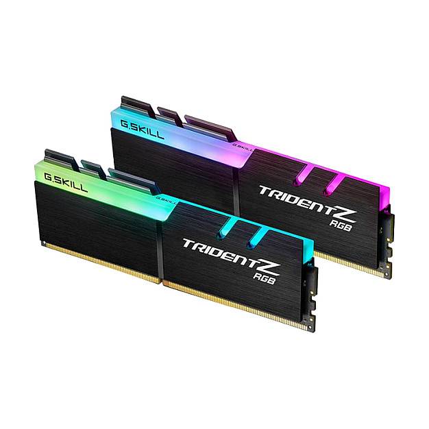 Zwei Speichersticks von G.SKILL Trident Z RGB mit beleuchteten mehrfarbigen LED-Leuchten oben, konzipiert für Computerspeicher-Upgrades.